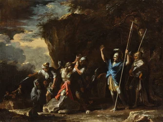 Scena dalla storia greca: il figlio sordomuto del re Creso impedisce ai Persiani di uccidere suo...